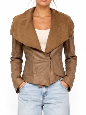 Michael Kors Y2K Cropped Leather Jacket in Brown Suede Waterfall Collar Size XS